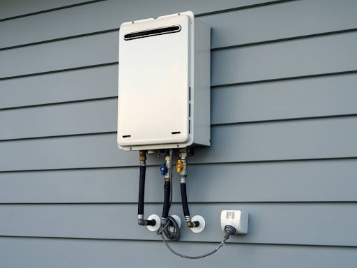 A tankless water heater installed on the exterior of a house.