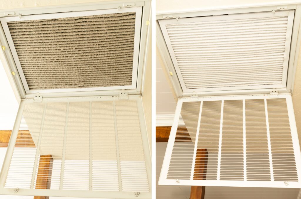 Before and after images shown side by side of a dirty air filter replaced by a clean one.
