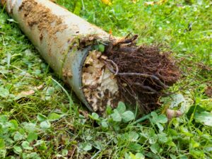 Old sewer pipe with tree root growth inside of it.