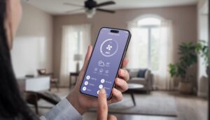 Woman using smartphone to control smart ceiling fan.