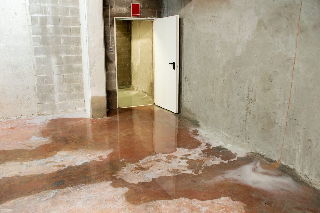 Water on basement floor from sewer backup during heavy rain.